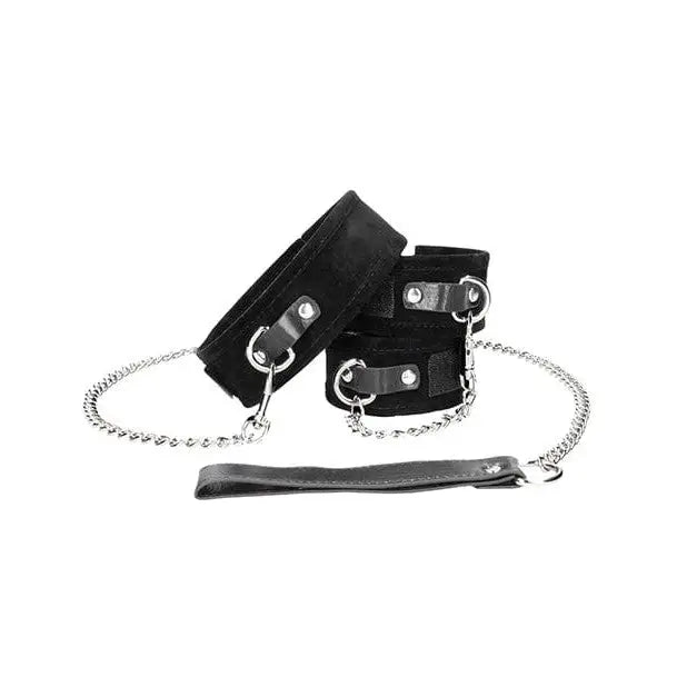 Shots America Bondage Blindfolds & Restraints Shots Ouch Black & White Velcro Collar W/leash & Hand Cuffs - Black at the Haus of Shag