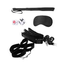 Shots Ouch Bondage Belt Restraint System - Black, including restraints, blindfold, and flogger