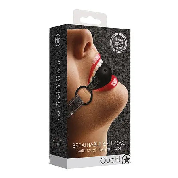 Shops Ouch breathable ball gag with denim straps in retail packaging for comfort play