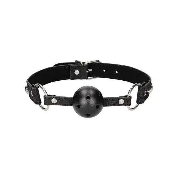 Black leather Shots Ouch Diamond Breathable Ball Gag with attached ball in elegant design