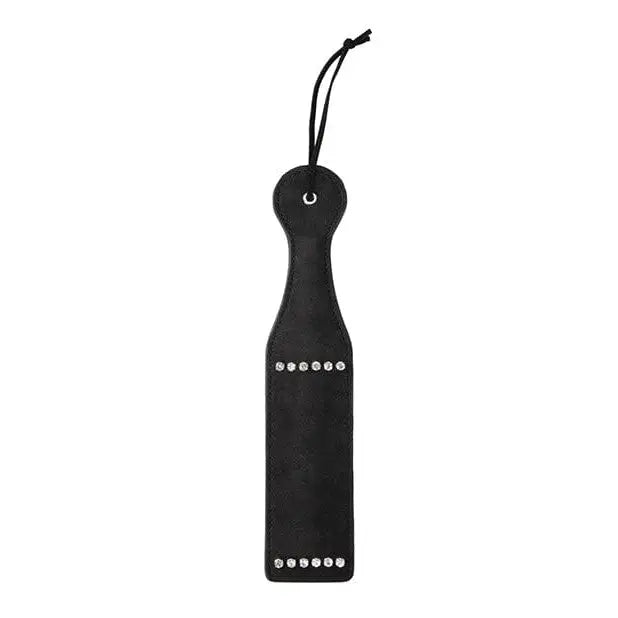 Black leather Shots Ouch Diamond Studded Paddle with decorative studs and hanging loop