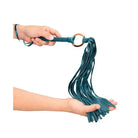 Teal leather Shots Ouch Halo Flogger with multiple tails and a metal ring handle for sensual play