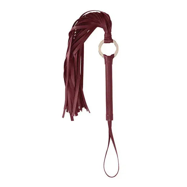 Burgundy leather flogger with multiple tails and metal ring from Shots Ouch Halo Flogger