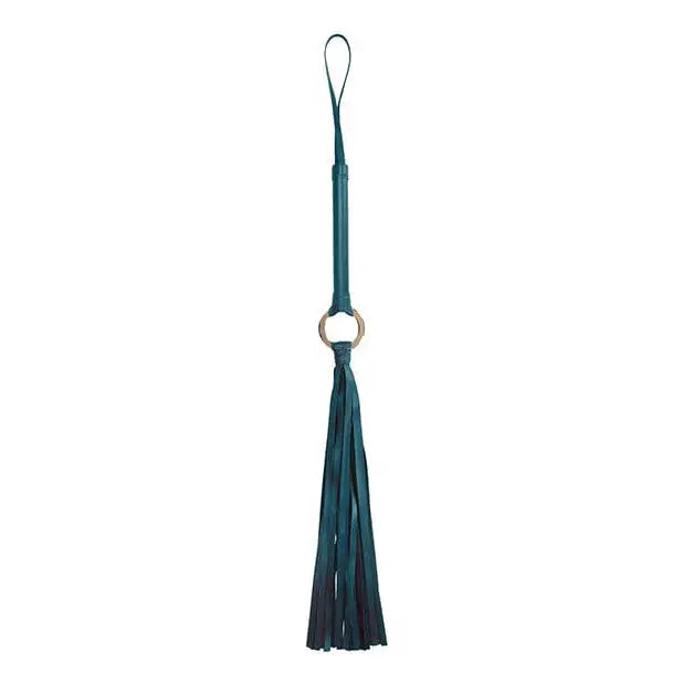 Teal leather tassel keychain or bag charm with metal ring, Shots Ouch Halo Flogger accessory