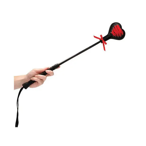 Heart-shaped riding crop with red leather tip and black handle from Shots Ouch Heart Crop Large