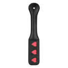 Black leather Shots Ouch Hearts Paddle with red hearts, perfect for playful moments