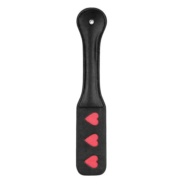 Black leather Shots Ouch Hearts Paddle with red hearts, perfect for playful moments