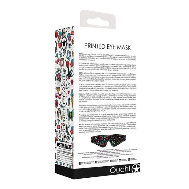 Printed eye mask packaging with school tattoo style designs on Shots Ouch product box