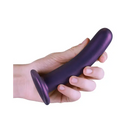 Hand holding purple foam roller with Shots Ouch! Smooth Silicone G-Spot Dildo Metallic Purple