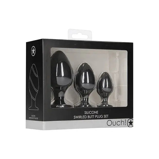 Shots Ouch Swirled butt plug set in black packaging, featuring graduated silicone plugs