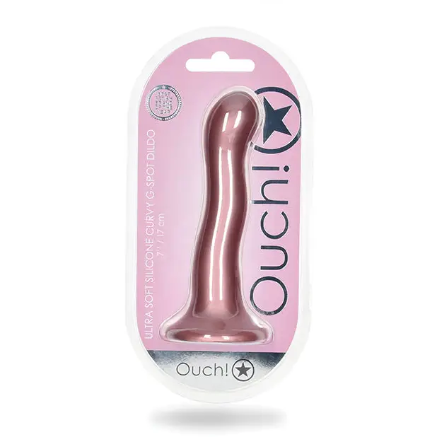 Shots Ouch! Ultra Soft Silicone 7 in. Curvy G-Spot Dildo Metallic Purple - Rose Gold - Realistic Dildo