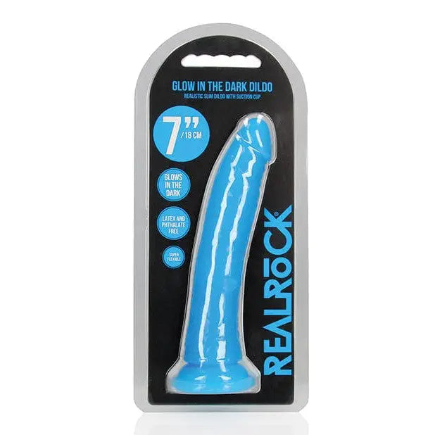 Glow-in-the-dark neon blue slim dildo Shots Realrock 8’ in retail packaging