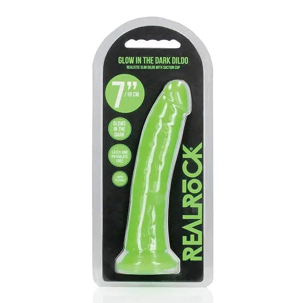 Shots Realrock 8’ Slim Dildo Glow In The Dark - Neon Green in retail packaging