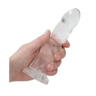 Hand holding Shots Realrock Crystal Clear 7’ Rippled Dildo, transparent silicone sex toy