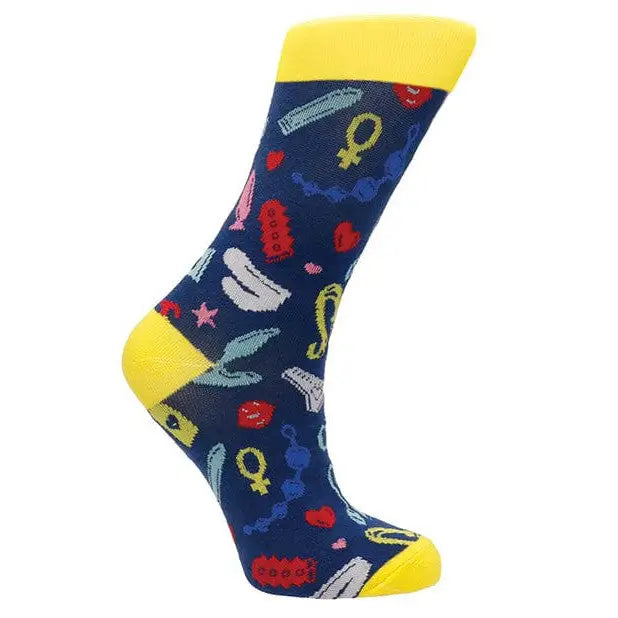 Colorful Shots Sexy Socks with romantic symbols on navy blue background for women