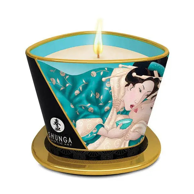 Shunga Massage Candle - 5.7 Oz Island Blossoms in a decorative ceramic container with Japanese art