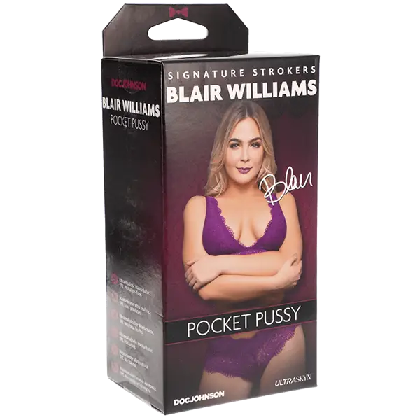 Signature Strokers Blair Williams packaging with woman in purple lingerie, pocket pussy product