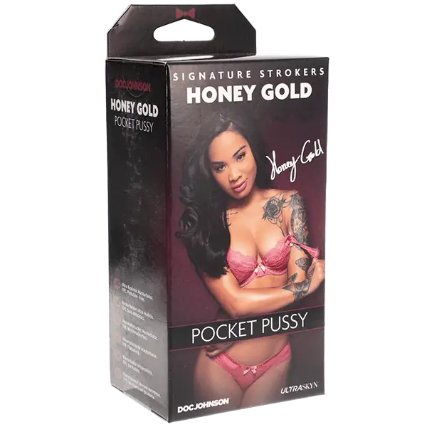 Signature Strokers Honey Gold ULTRASKYN Pocket Pussy packaging with woman in lingerie