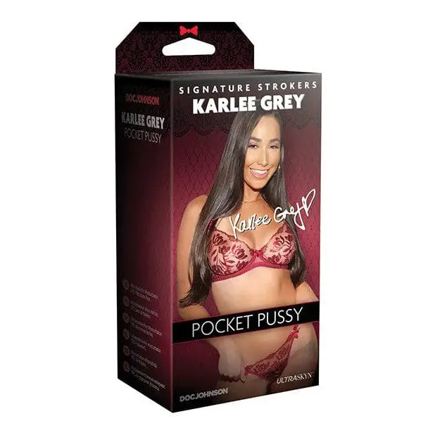 Packaging for Signature Strokers Karlee Grey ULTRASKYN Pocket Pussy with woman in red lingerie