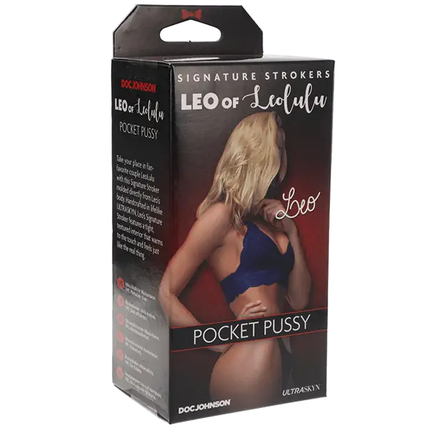 Close-up of Signature Strokers Leo of Leolulu ULTRASKYN Pocket Pussy packaging