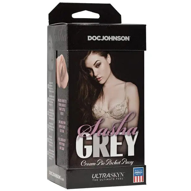 Adult product packaging for Signature Strokers Sasha Grey ULTRASKYN Cream Pie Pocket Pussy