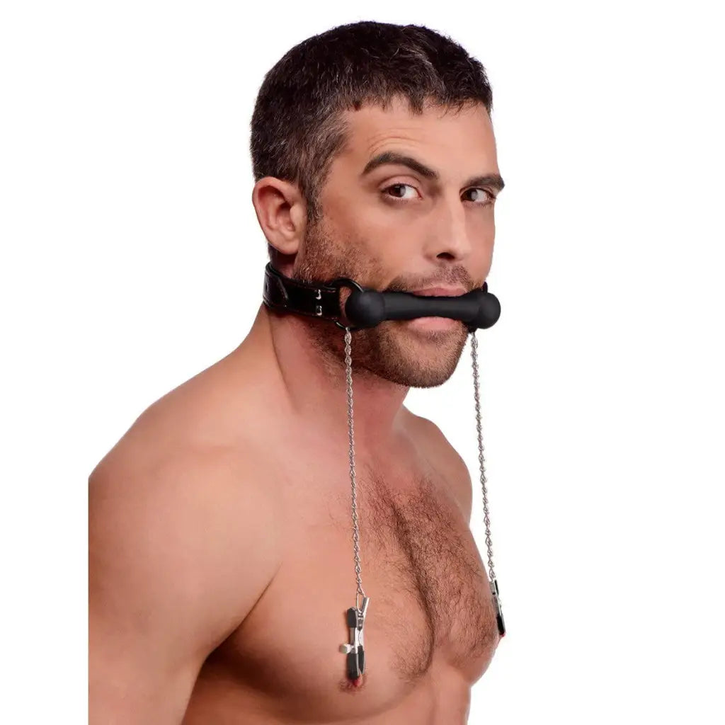 STRICT Gag Silicone Bit Gag With Nipple Clamps at the Haus of Shag