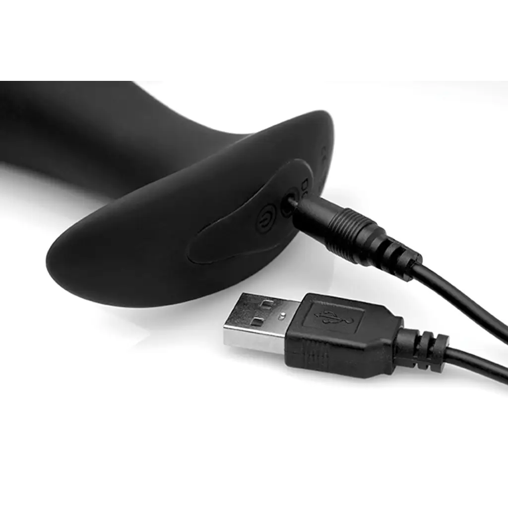 USB cable connected to a black Silicone Prostate Vibrator with Remote Control for men