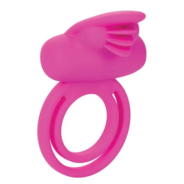 Pink silicone rechargeable enhancer ring with a large round plastic ring for intimate use