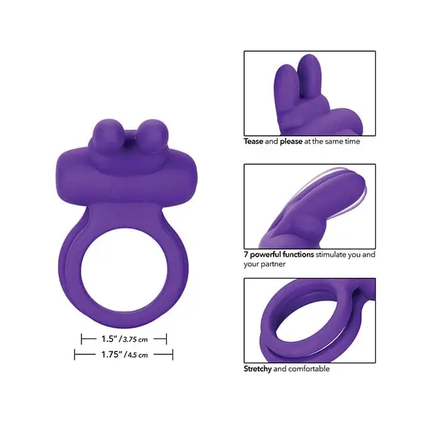 Purple Silicone Rechargeable Enhancer ring with a small purple round plastic piece displayed