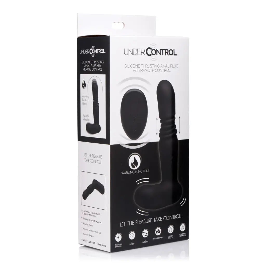 Silicone Thrusting Anal Plug with Remote Control in black and white retail box