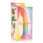 Simply Sweet Phallic 6.5in Rainbow Silicone Dildo in product packaging