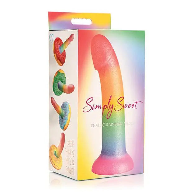 Simply Sweet Phallic 6.5in Rainbow Silicone Dildo in product packaging