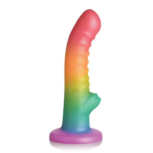 Simply Sweet Ribbed Silicone Dildo 6.5in Rainbow with a curved shape and textured surface