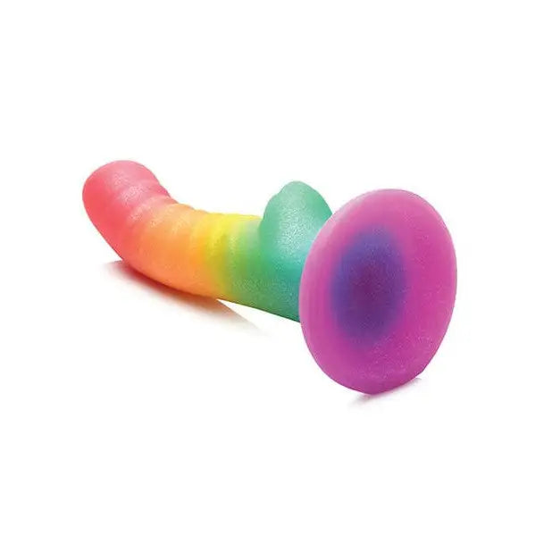 Simply Sweet Ribbed Silicone Dildo 6.5in Rainbow: Vibrant curved toy with flared base