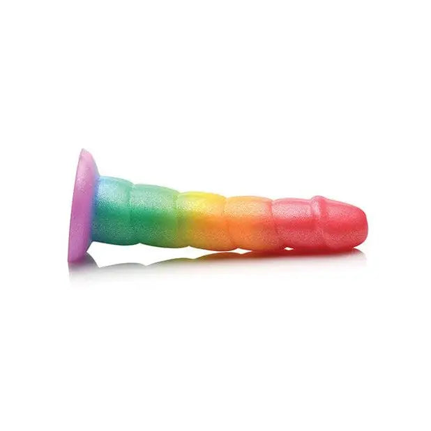 Simply Sweet Swirl Silicone Dildo 6.5in Rainbow colored plastic penis on white background