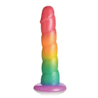 Simply Sweet Swirl Silicone Dildo: 6.5in Rainbow on White Surface Close Up