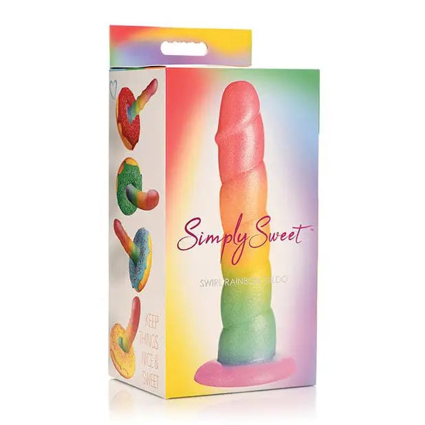 Close-up box of candy with rainbow candy, Simply Sweet Swirl Silicone Dildo 6.5in Rainbow