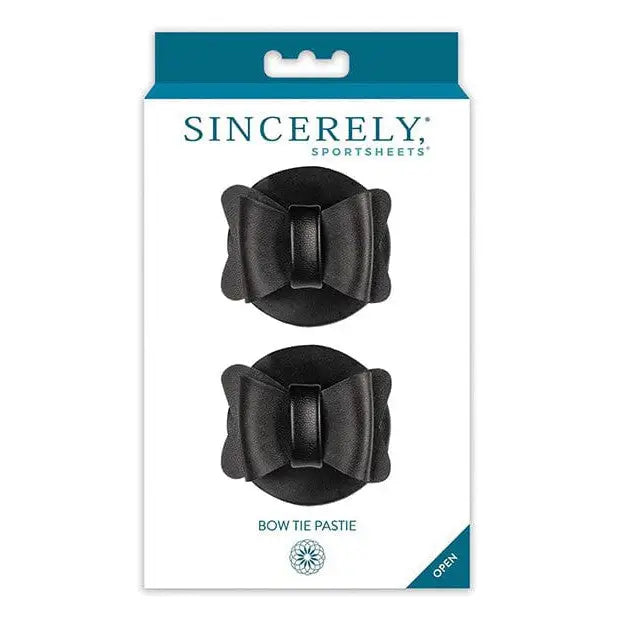 Sincerely Bow Tie Pasties - Black bow-shaped tie pasties in retail packaging