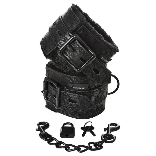 Sincerely Sportsheets Lace Adjustable Fur-Lined Handcuffs Black - Cuffs