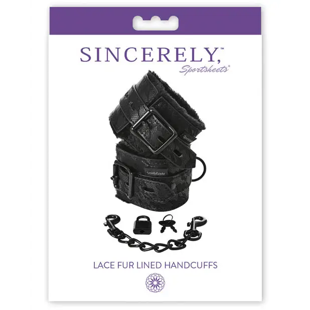 Sincerely Sportsheets Lace Adjustable Fur-Lined Handcuffs Black - Cuffs