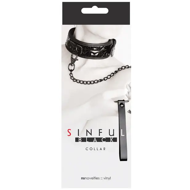 Sinful 2in Black Leather Collar with Studs and Attached Chain for Stylish Pet Control