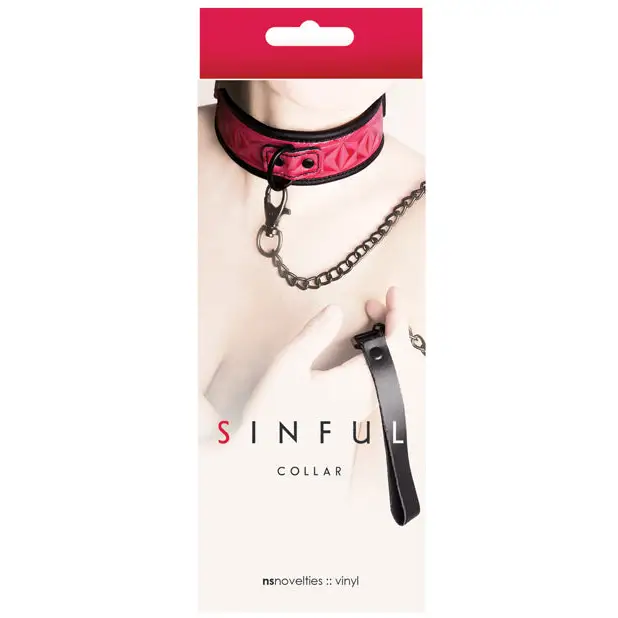 Sinful black collar with attached chain in packaging labeled ’Sinful Collar’ for Sinful 2in Collar Black