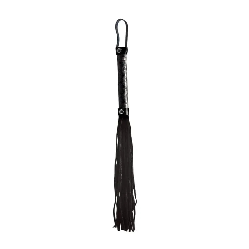 Sinful Vinyl and Leather Whip - Black leather flogger with multiple tails and looped handle