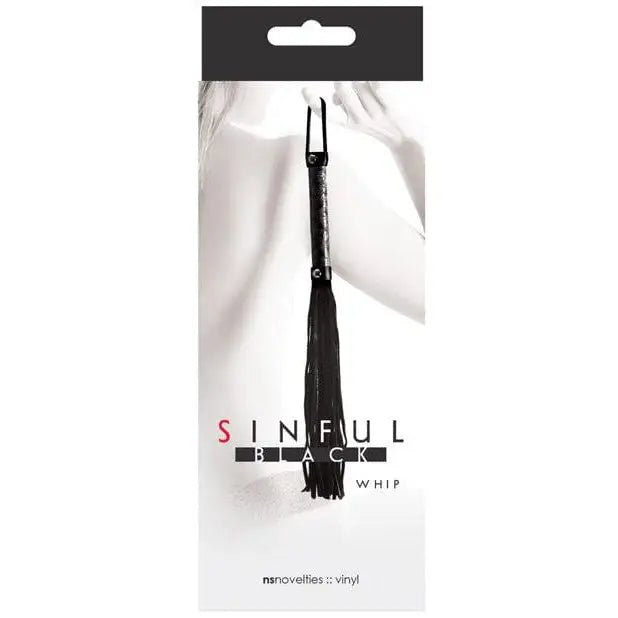 Sinful Vinyl and Leather Whip - Black whip with handle and multiple tassels for intense play