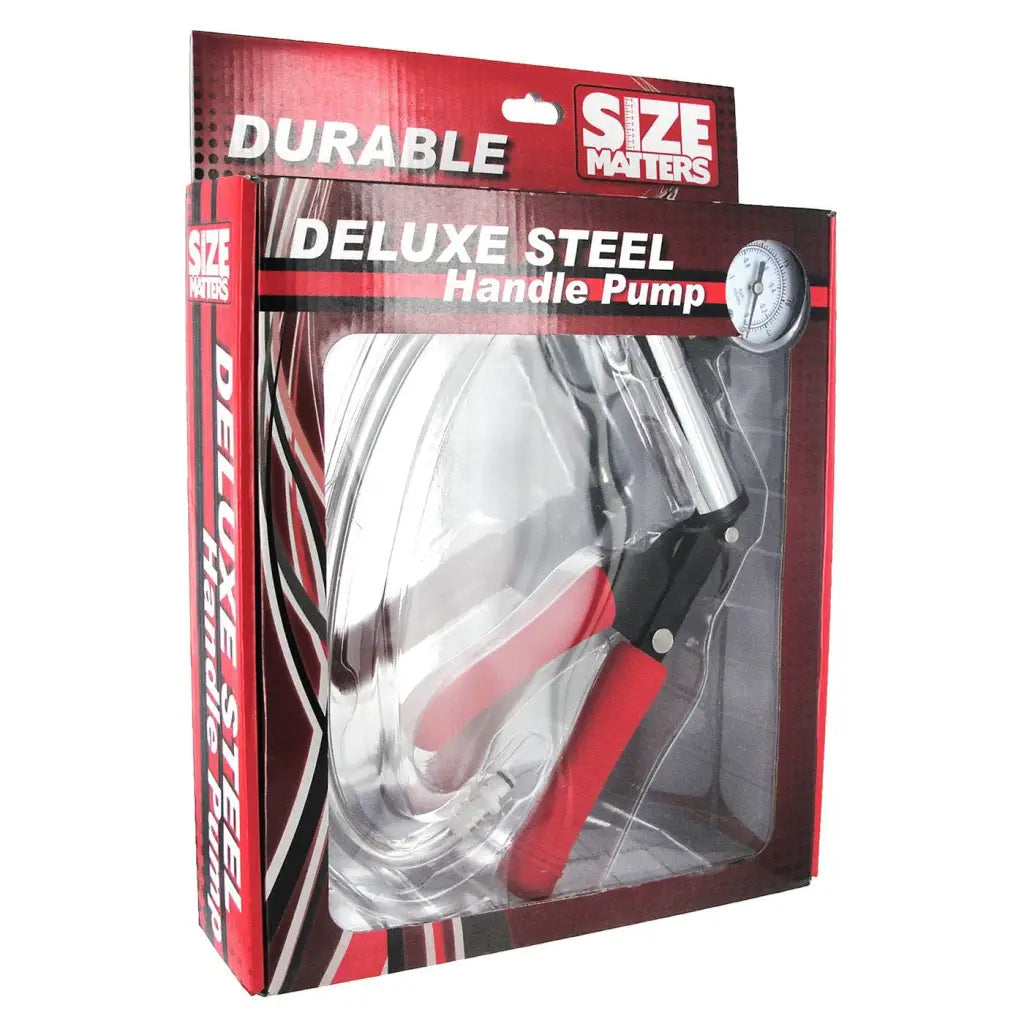 Size Matters Deluxe Steel Hand Pump in retail packaging, deluxe steel hand pump