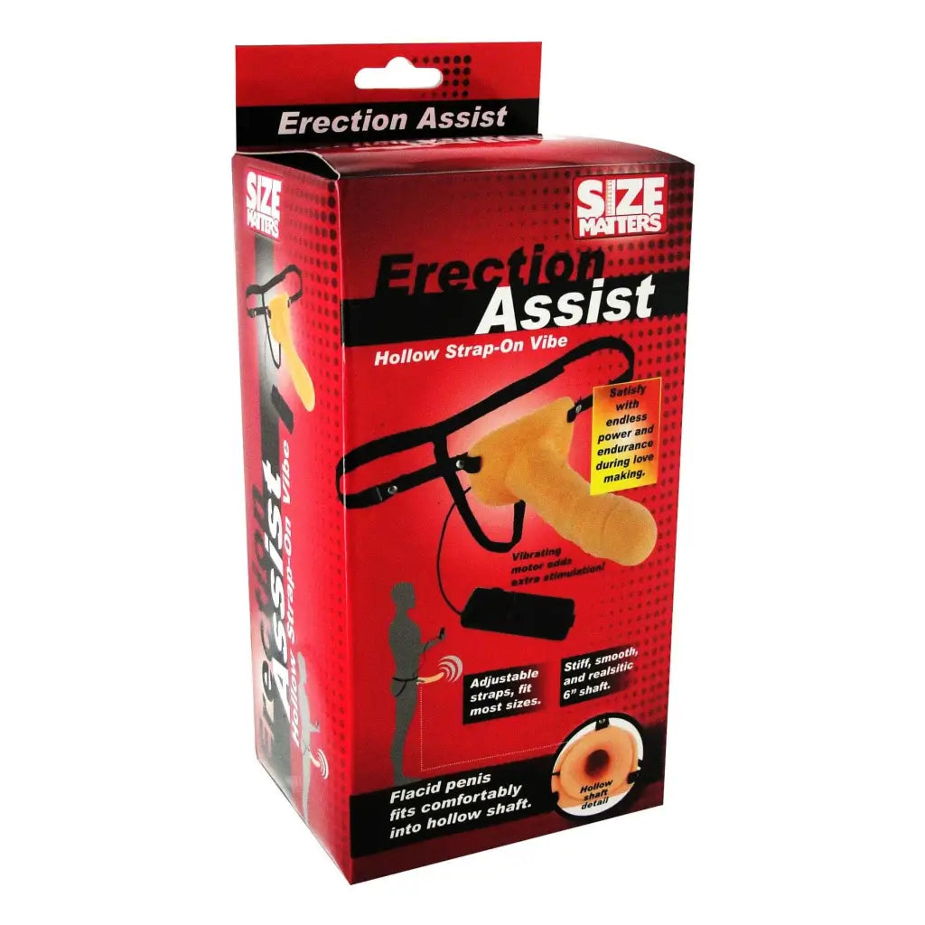 Size Matters Erection Assist Hollow Strap On Vibe packaged in a red box with product details