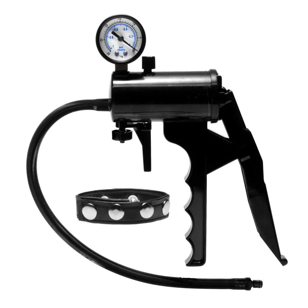 Close up of Size Matters Premium Gauge Pump with hose and pressure gauge