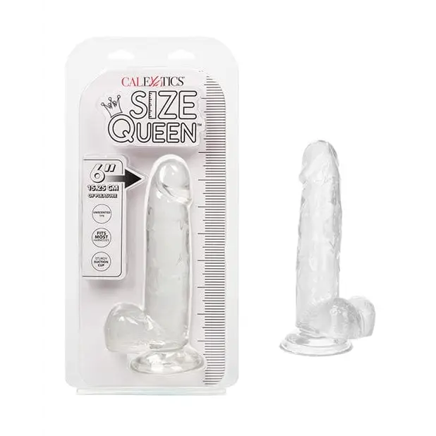 Transparent silicone adult toy in ’Size Queen 6’ Dildo’ packaging labeled ’Size Queen’