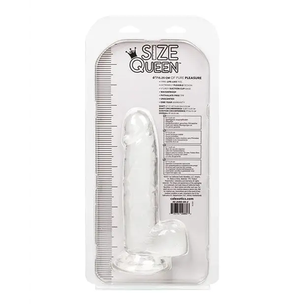 Clear plastic packaging of Size Queen 6’ Dildo, white silicone with suction cup base