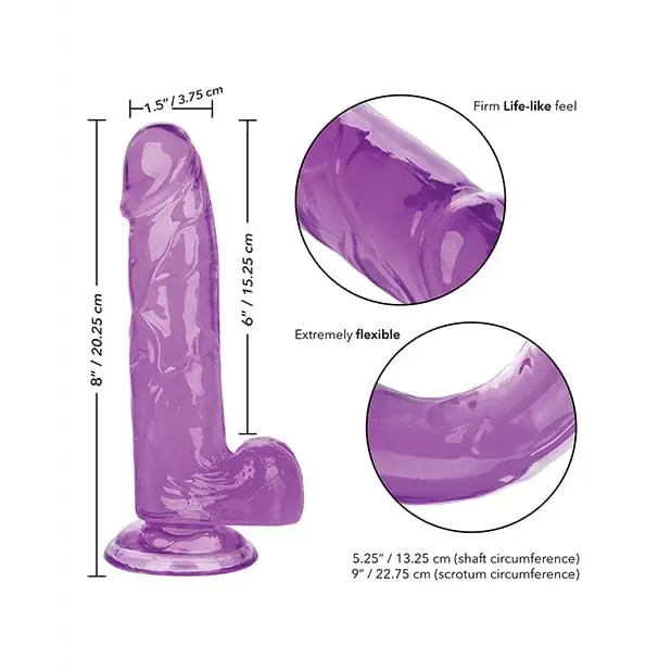 Purple silicone Size Queen 6’ dildo with detailed measurements and feature callouts